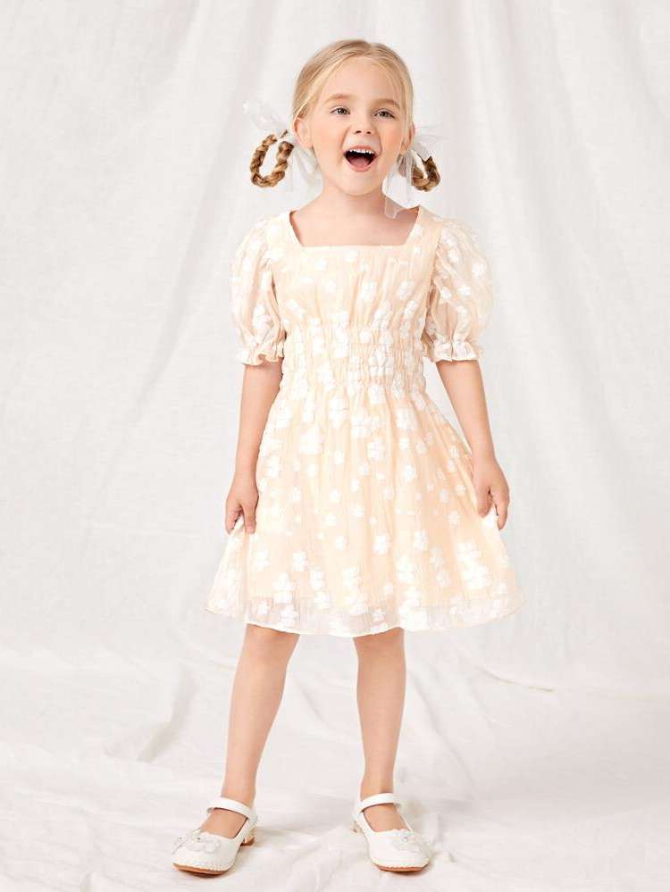 Apricot Square Neck Cute Floral Toddler Girl Dresses 111