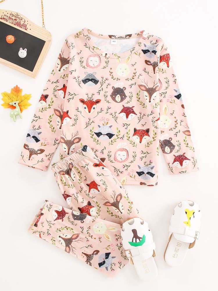 Animal Apricot Round Neck Toddler Girls Clothing 973