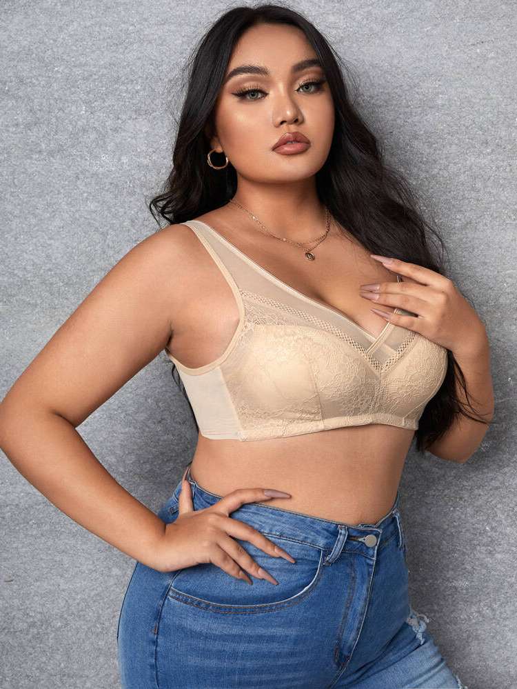 Romantic Plain Contrast Lace Plus Size Bras  Bralettes 5142