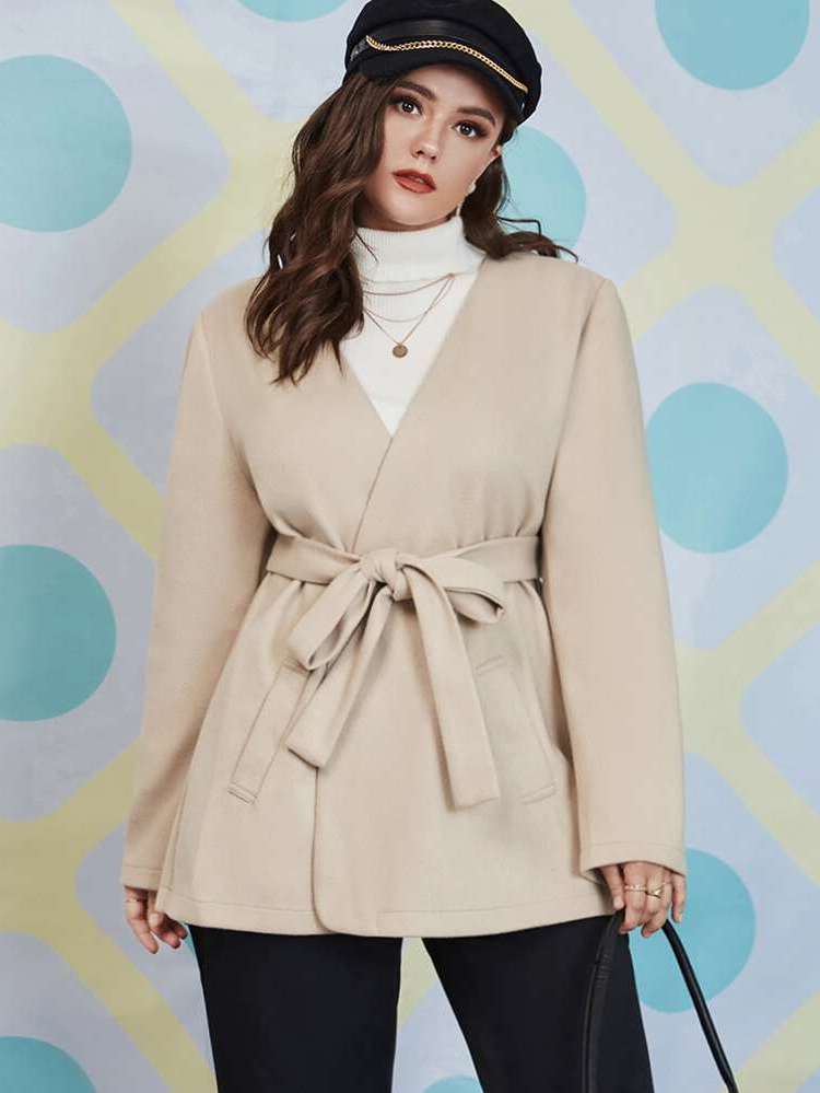 Plain Regular Fit Belted Elegant Plus Size Overcoats 3911