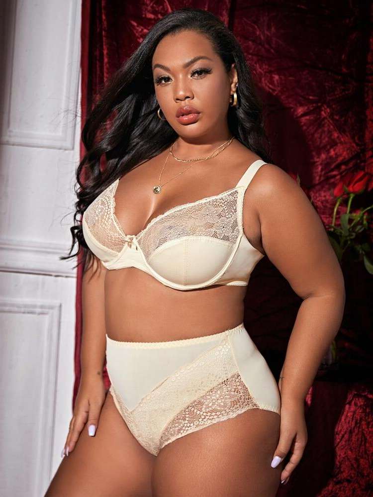 Apricot Contrast Lace Plus Size Bra  Panty Sets 812