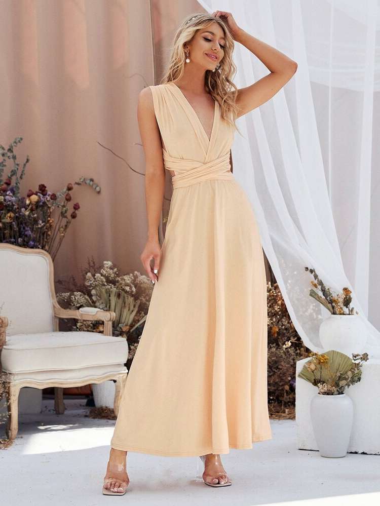  Deep V Neck Sleeveless Apricot Weddings  Events 6222