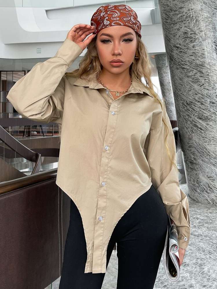 Collar Asymmetrical Casual Apricot Women Tops, Blouses  Tee 3804