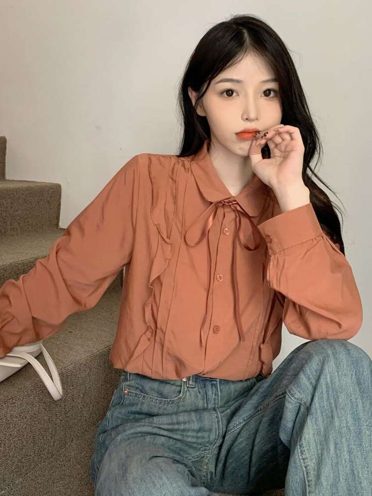  Plain Long Sleeve Apricot Women Blouses 497