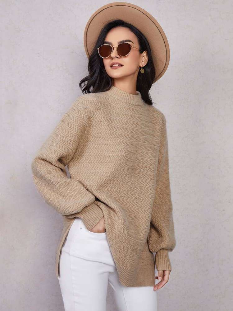 Long Sleeve Long Apricot Split Women Knitwear 3139