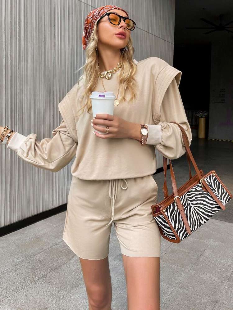 Casual Regular Fit Long Sleeve Drawstring Women Two-piece Outfits 9943