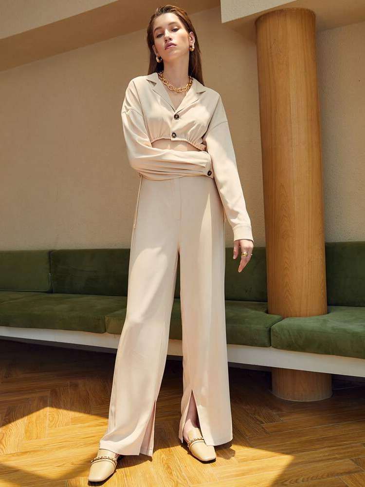 Plain Split Elegant Long Sleeve Women Jumpsuits 820