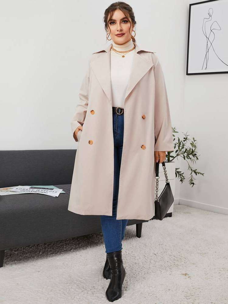 Elegant Regular Fit Lapel Plain Plus Size Trench Coats 4578