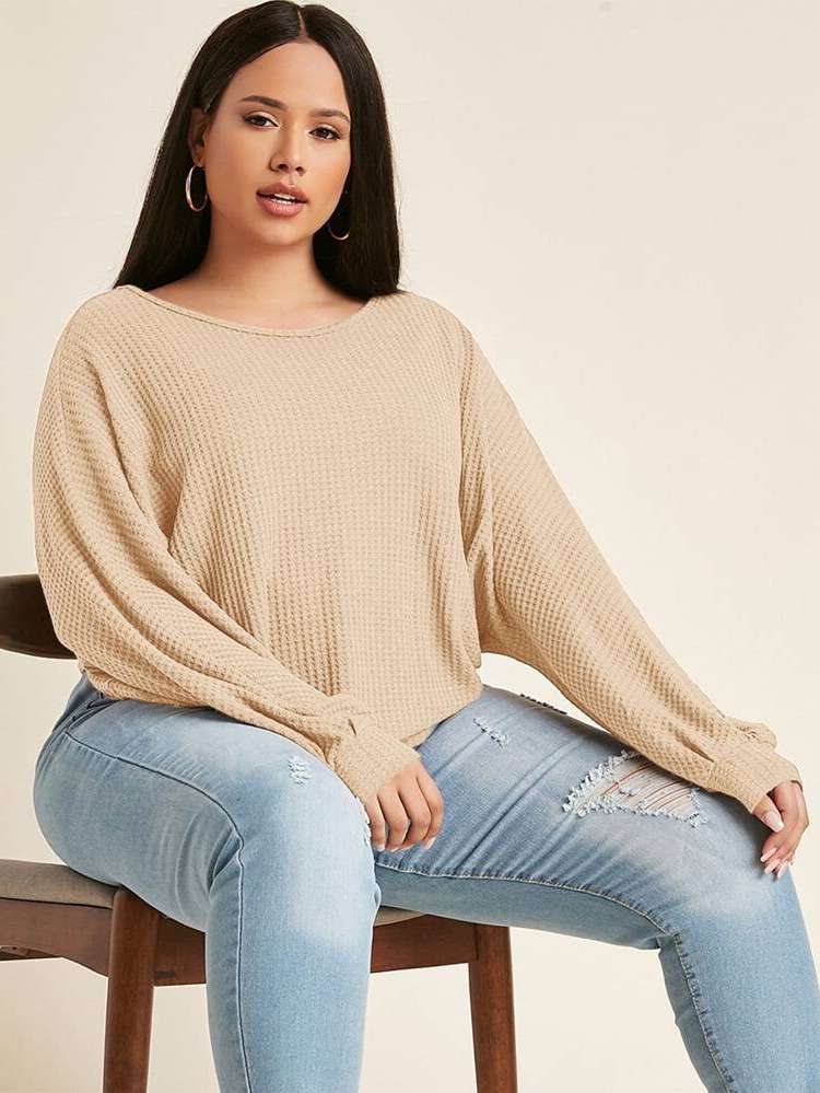 Long Sleeve Apricot  Plus Size Tops 3563