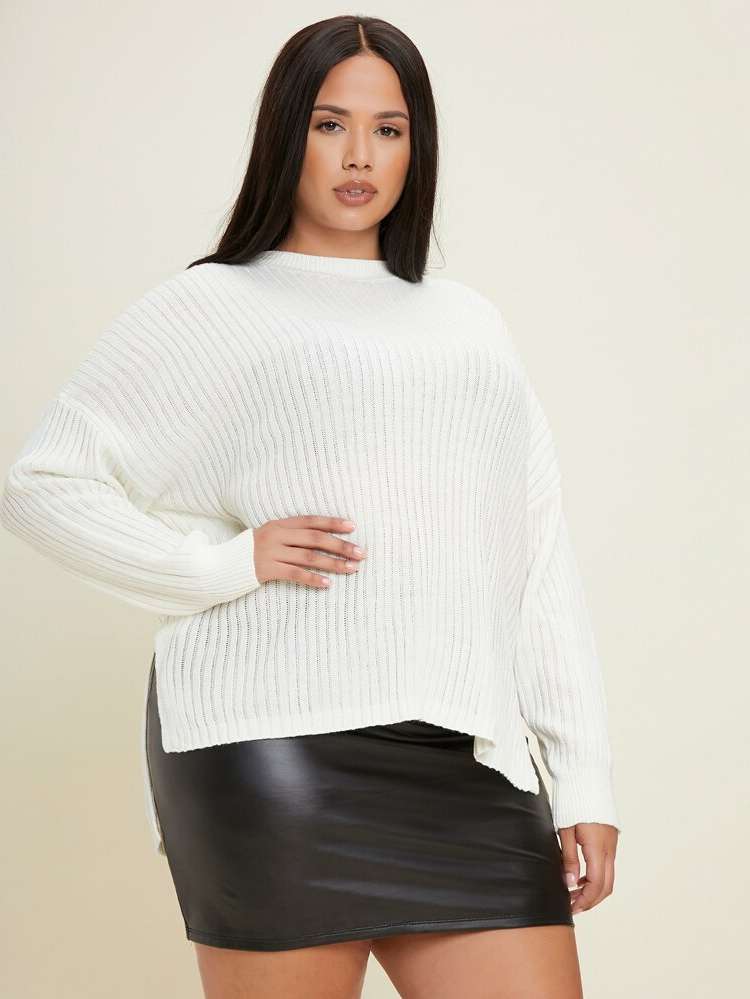  Split Apricot Round Neck Plus Size Sweaters 716