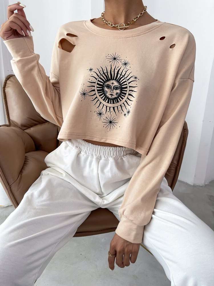  Graphic Crop Long Sleeve Women Sweatshirts 4695