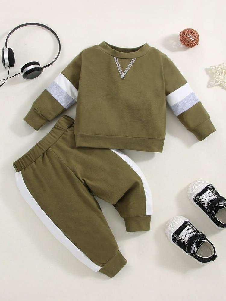 Round Neck Sporty Long Sleeve Colorblock Baby Sets 7599