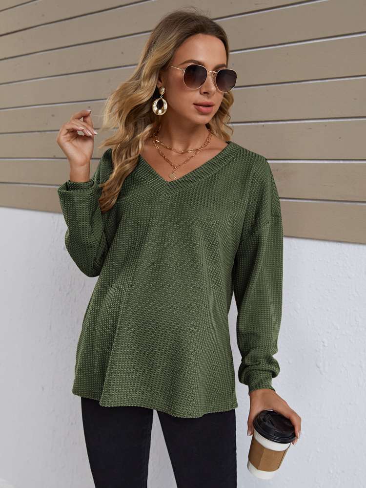 Regular Fit Army Green V neck Casual Baby  Mom 4358