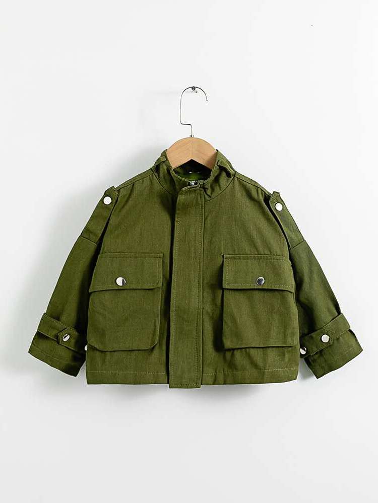 Long Sleeve Regular Pocket Army Green Girls Outerwear 5772