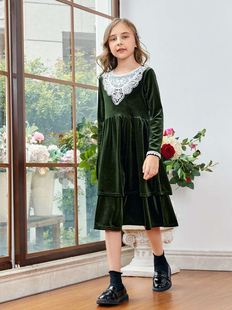 Long Sleeve Contrast Lace Army Green Regular Fit Girls Clothing 4602