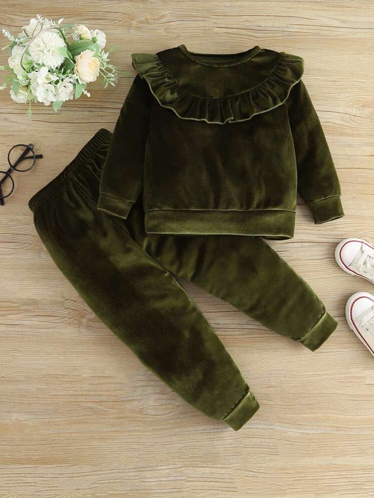 Long Sleeve Plain Army Green Toddler Girl Two-piece Outfits 9304