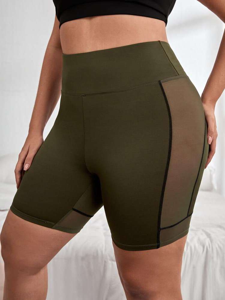 Contrast Mesh Skinny Plain Women Plus Activewear 2218