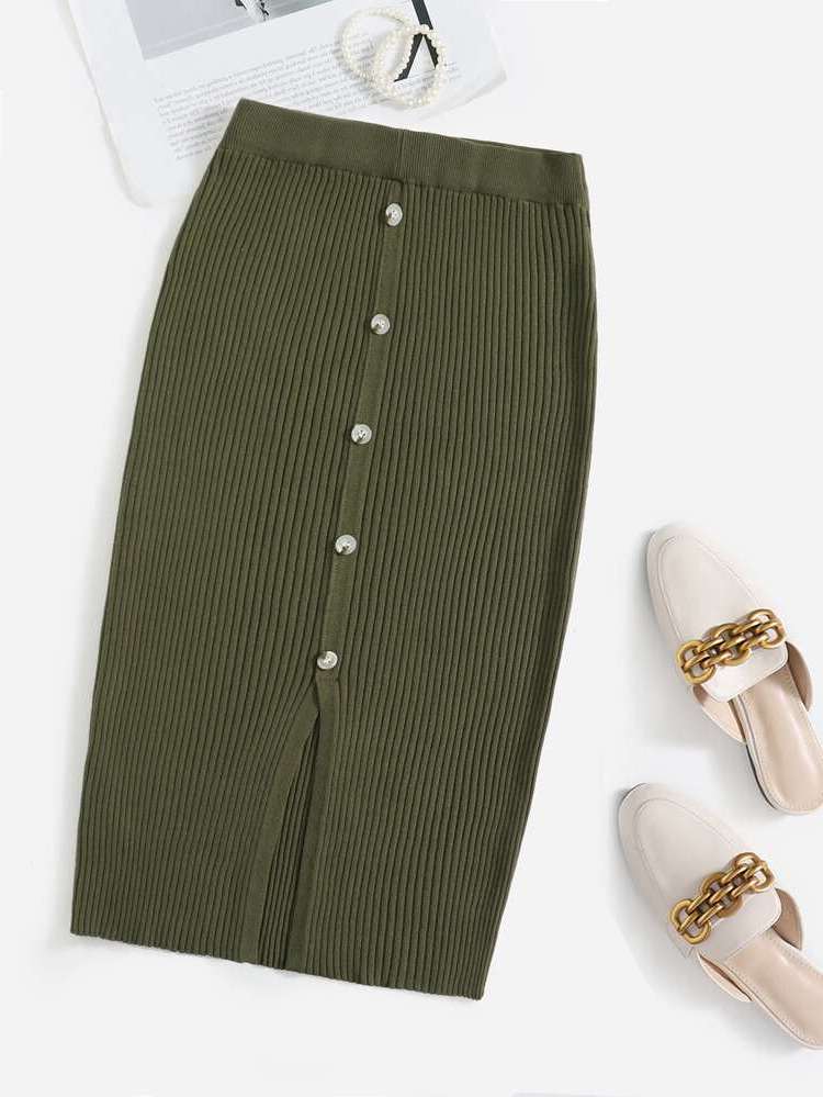 Midi Rib-Knit Army Green Elegant Plus Size Sweater Skirts 2378