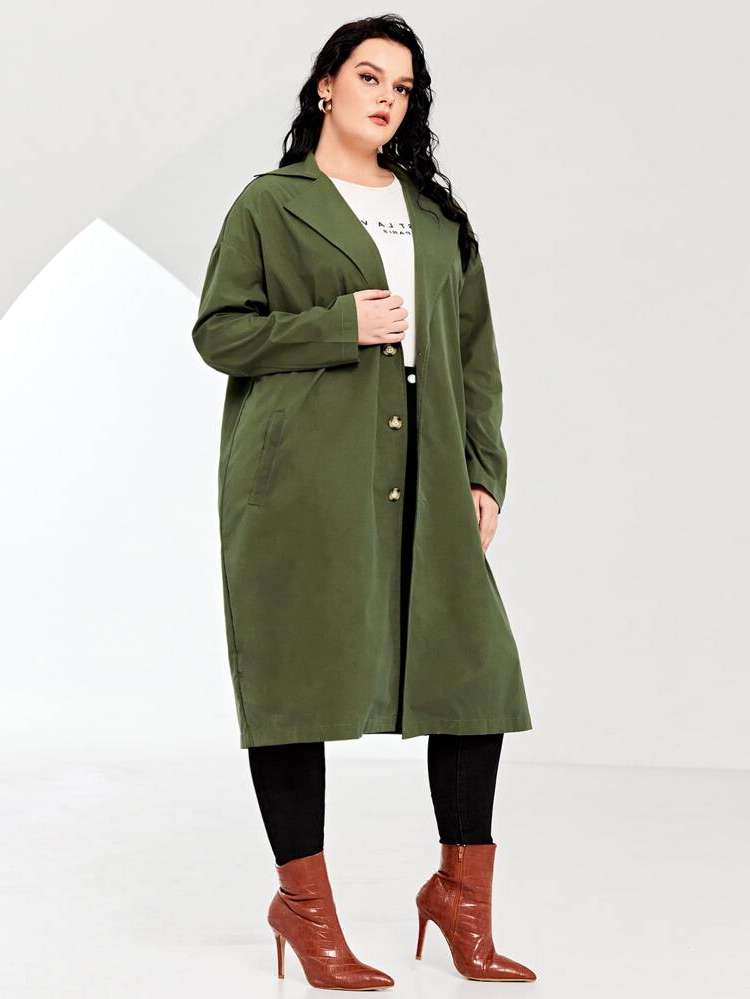 Plain Button Front Casual Army Green Plus Size Outerwears 530