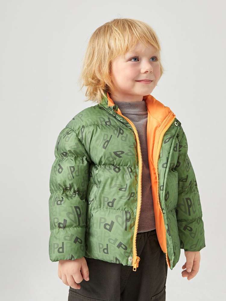 Regular Fit Army Green Stand Collar Letter Toddler Boy Winter Coats 6852