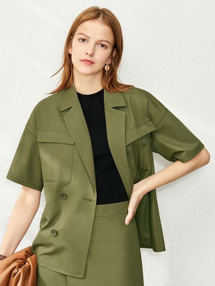 Half Sleeve Double Button Army Green Women Blouses 8726