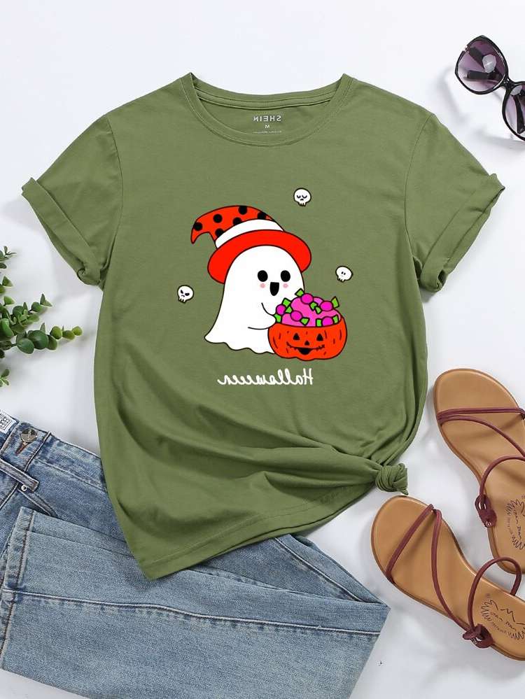  Halloween Army Green Short Sleeve Women T-Shirts 9411