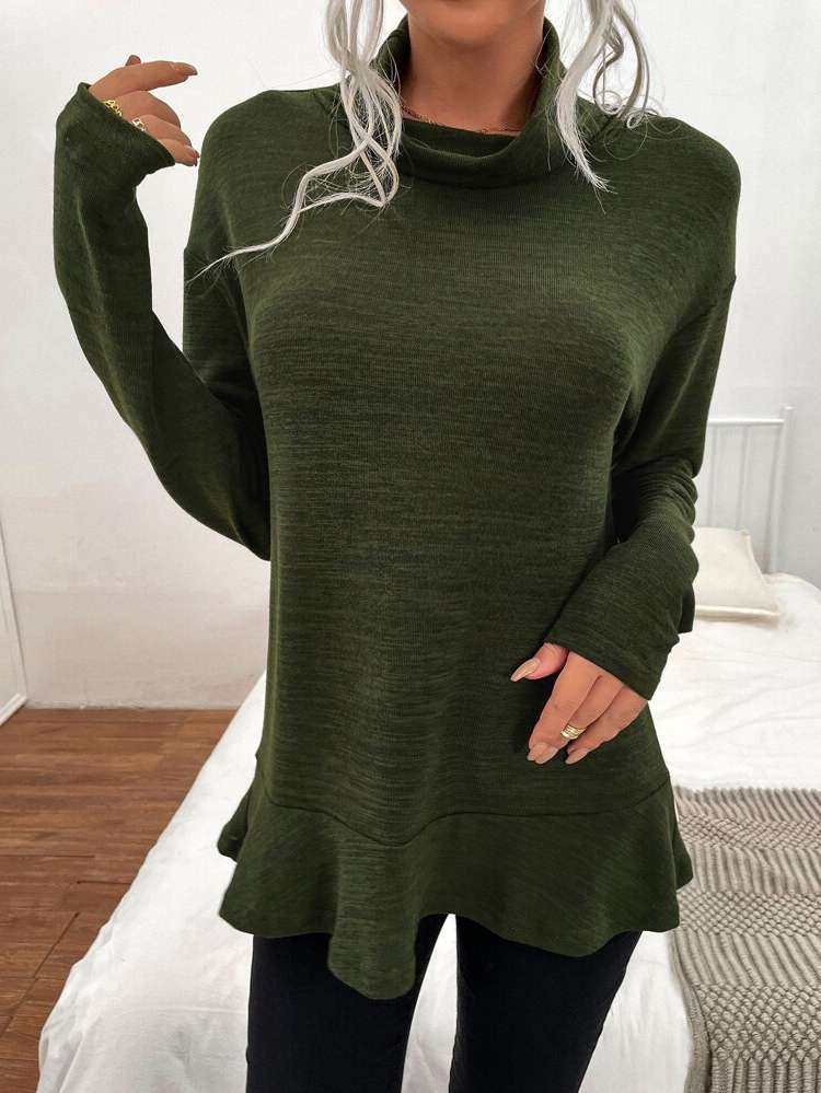 Long Sleeve Ruffle Hem Long Women T-Shirts 1422