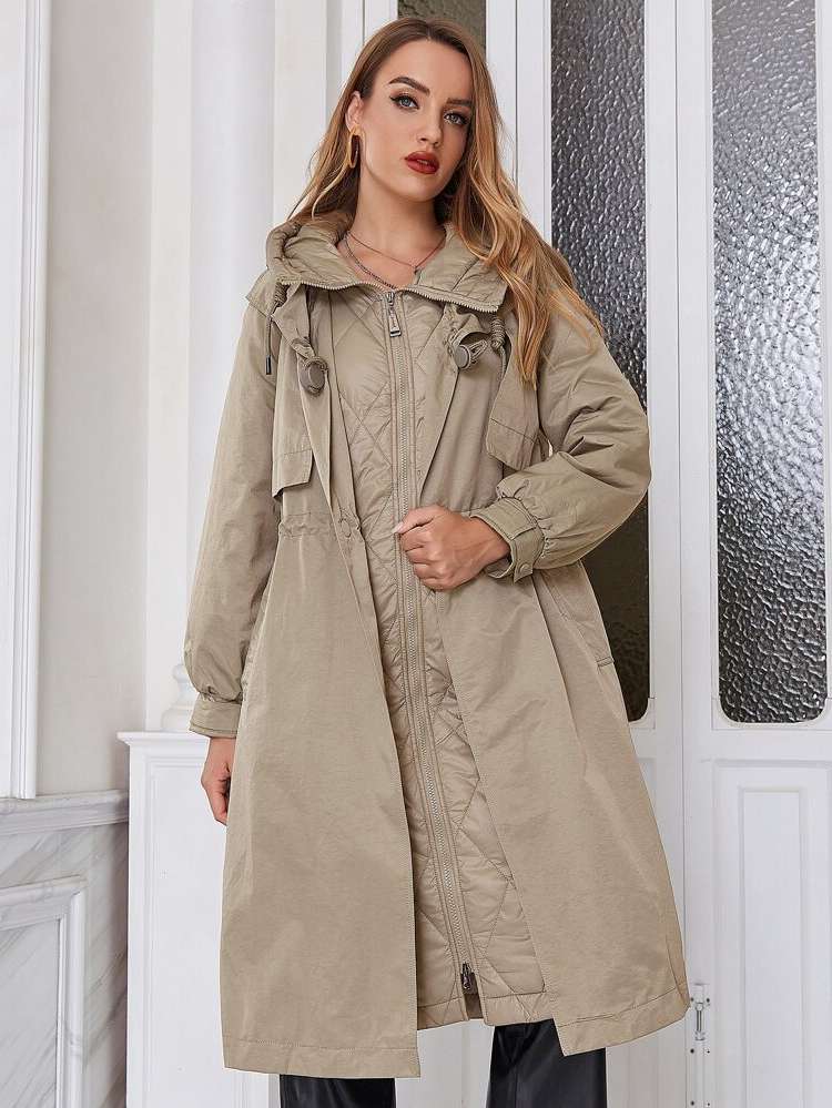 Plain Army Green Midi Hooded Women Winter Coats 724