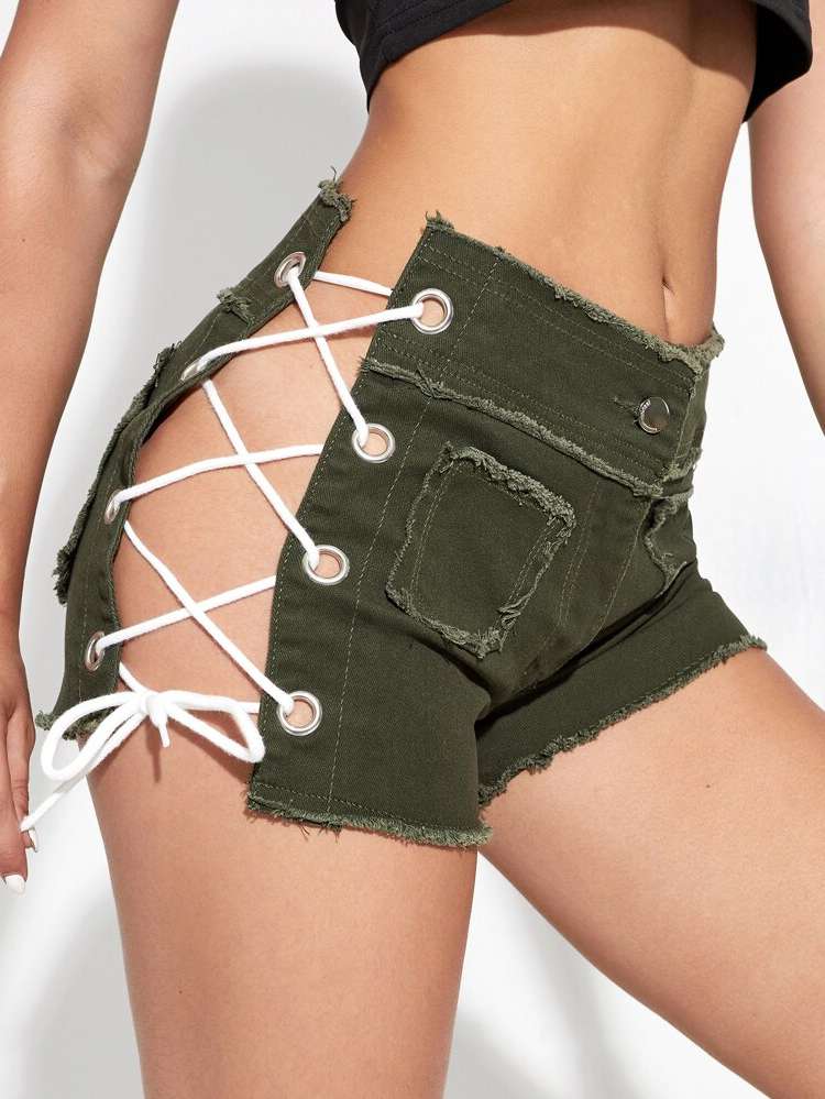 Army Green Lace Up  Women Clothing 3055