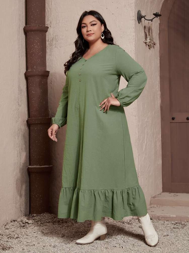  V neck Casual Plain Plus Size Dresses 6078