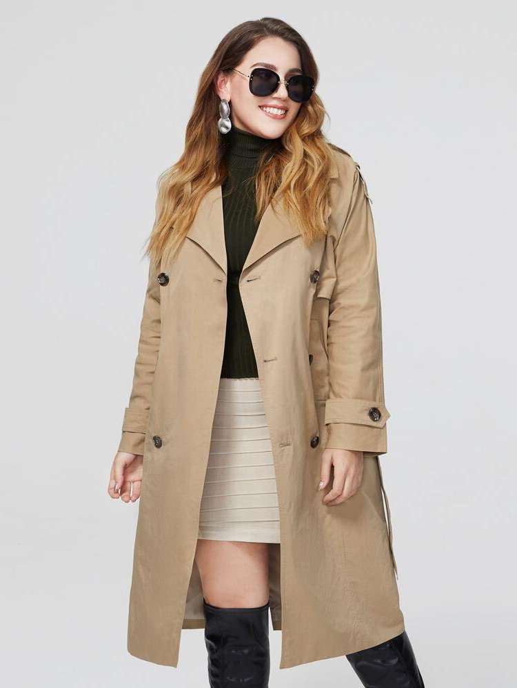 Army Green Casual Plain Belted Plus Size Trench Coats 962