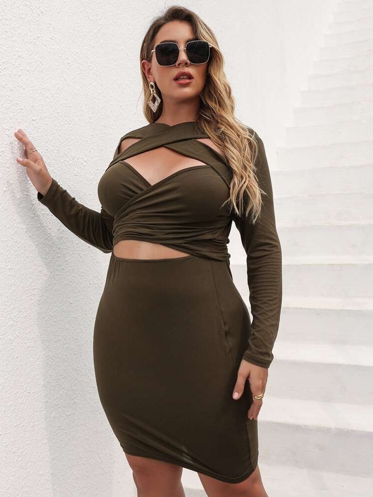 Long Sleeve Short Army Green Plus Size Dresses 4314