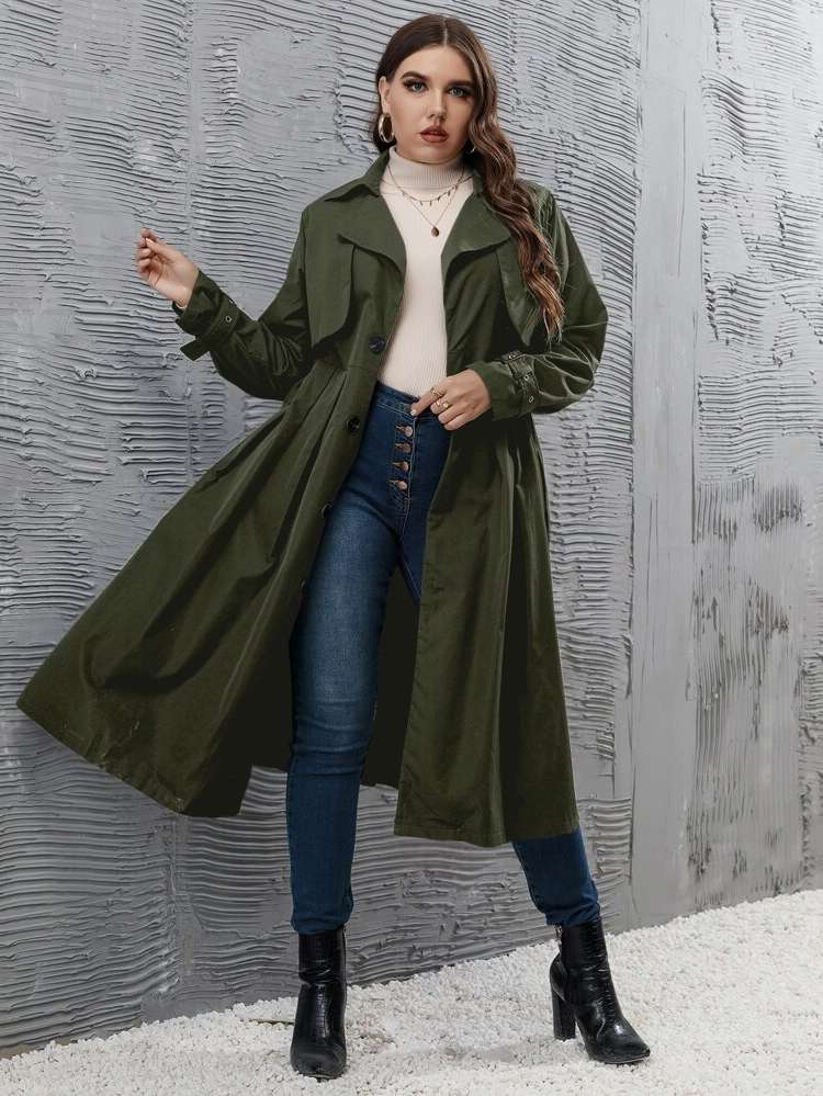 Army Green Long Sleeve Grommet Eyelet Long Plus Size Trench Coats 3623