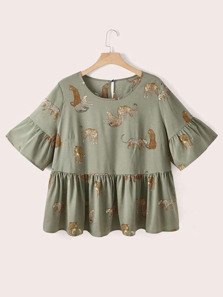 Half Sleeve Round Neck Army Green Animal Women Plus Clothing 623