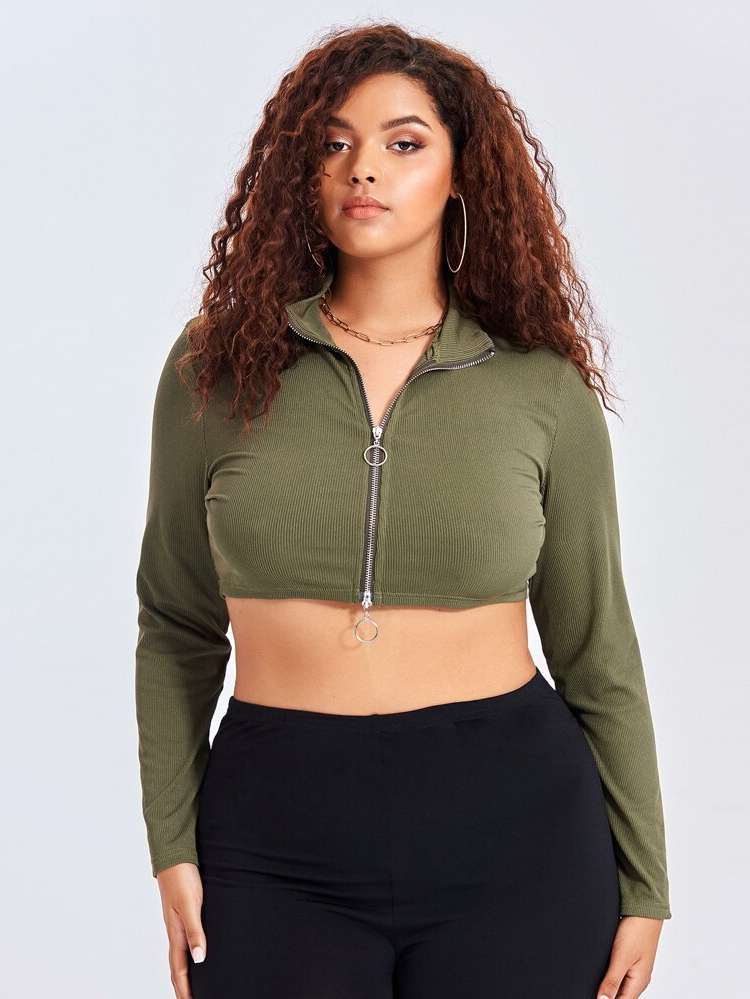 Casual Army Green Crop Long Sleeve Women Plus Clothing 974