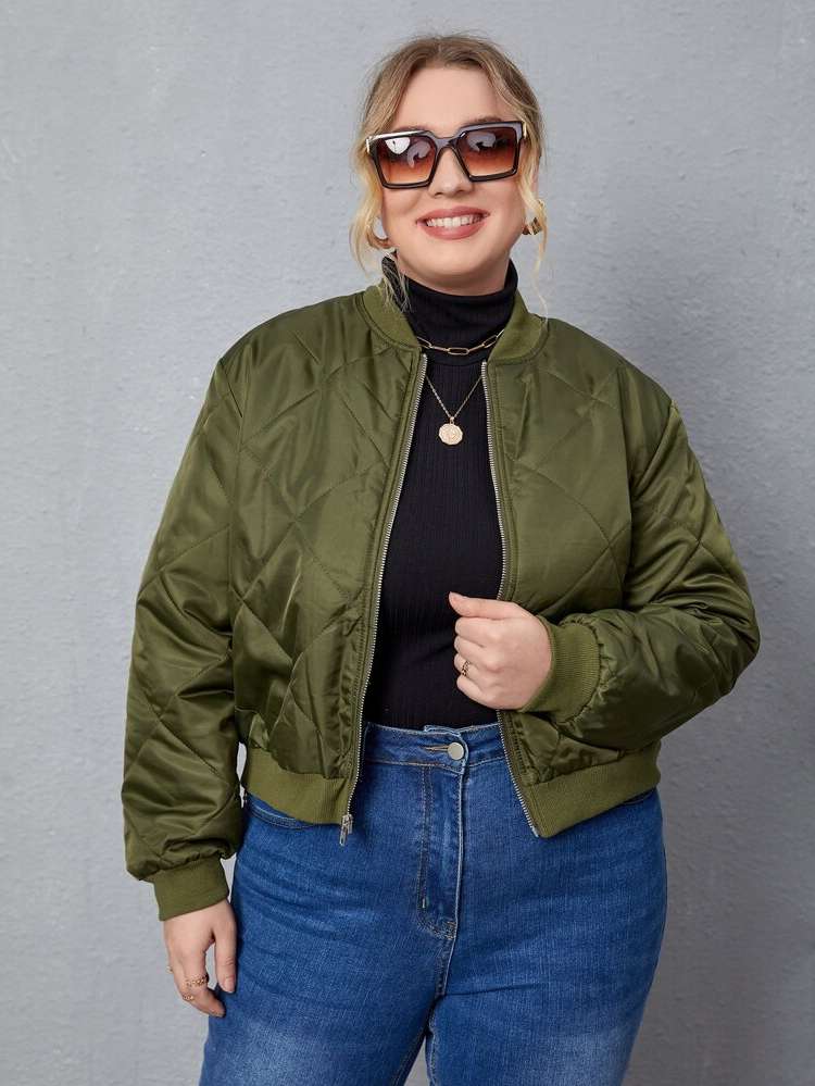  Crop Army Green Stand Collar Plus Size Jackets 8743