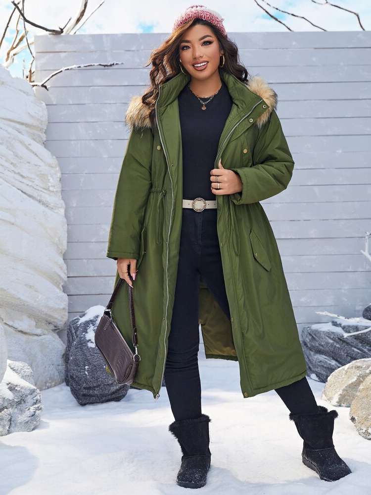  Army Green Long Sleeve Casual Plus Size Winter Coats 256