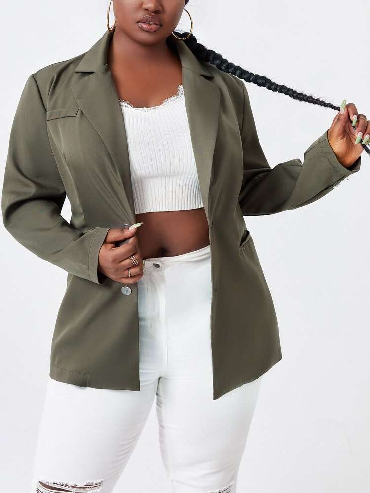 Long Plain Casual Button Front Plus Size Blazers 6146