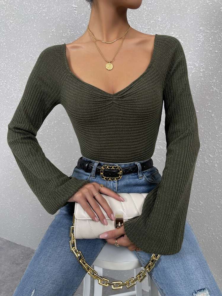  Army Green Plain Elegant Women Tops, Blouses  Tee 1667