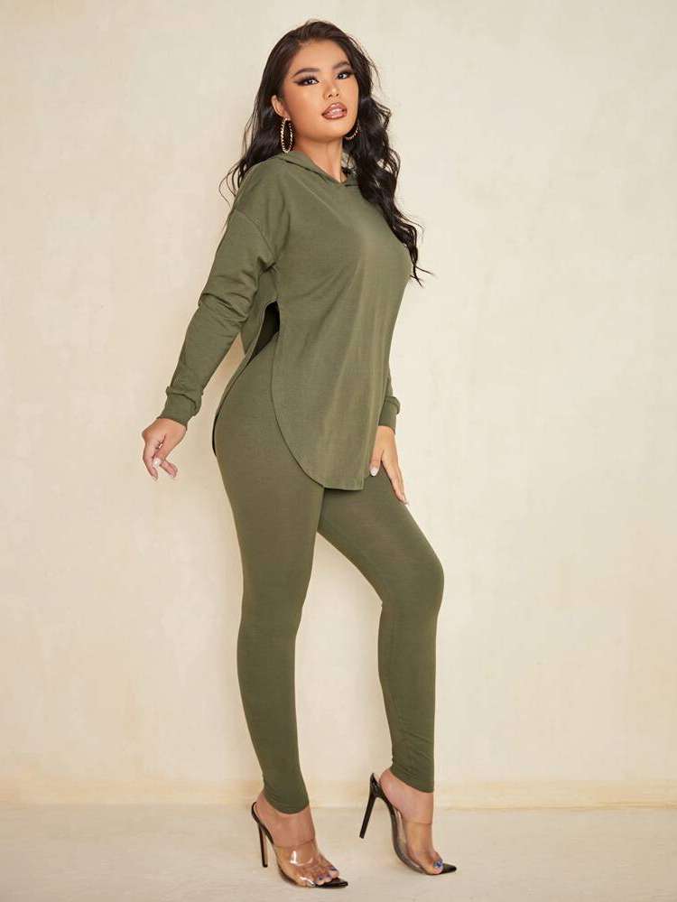 Army Green Casual Plain Long Sleeve Women Two-piece Outfits 299