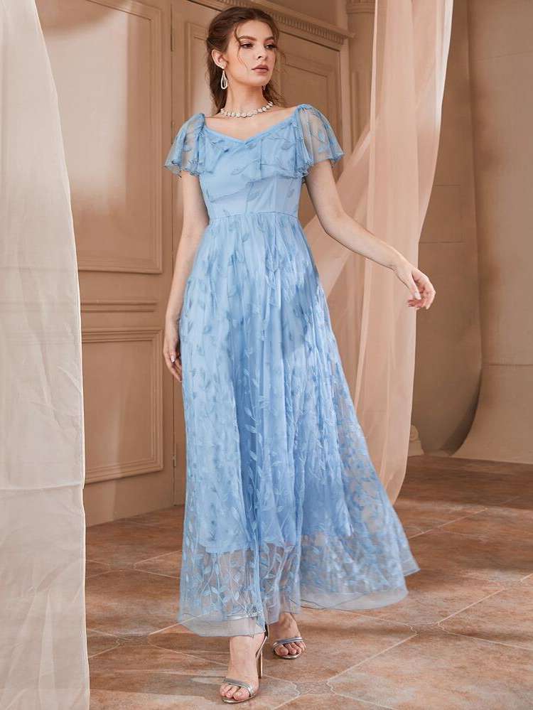  Embroidery V neck Baby Blue Bridesmaid Dresses 5358