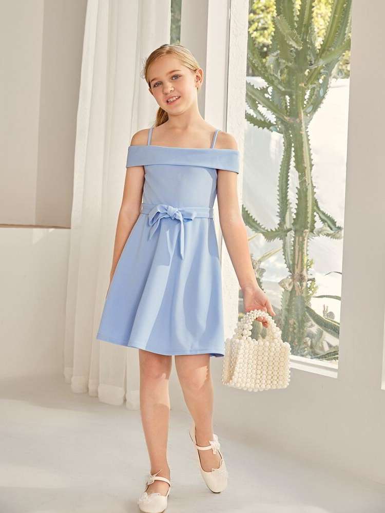 Short Sleeve Short Baby Blue Regular Fit Girls Dresses 960