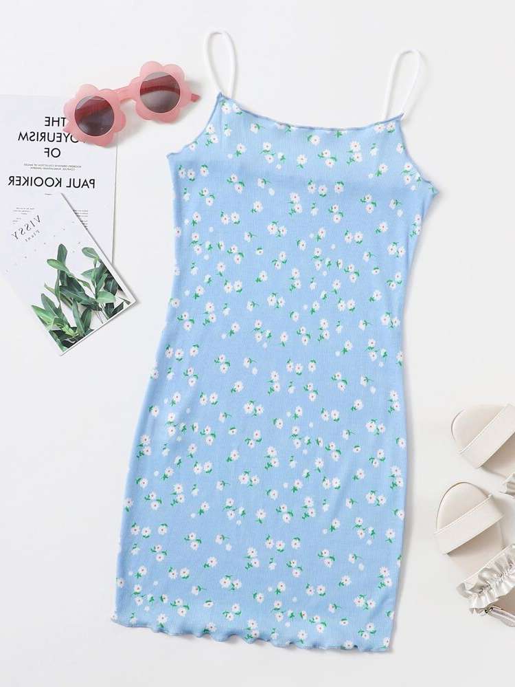 Short Lettuce Trim Spaghetti Strap Baby Blue Girls Dresses 930