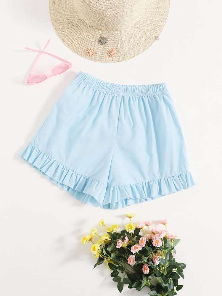 Ruffle Hem Plain Cute Girls Shorts 7971