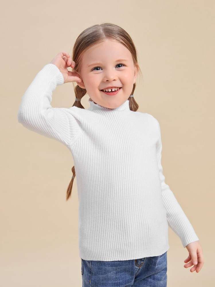 Rib-Knit Slim Fit Regular Stand Collar Toddler Girls Knitwear 9887