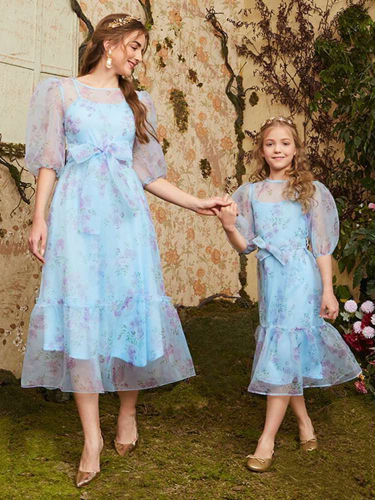 Baby Blue Glamorous Floral Girls Dresses 146