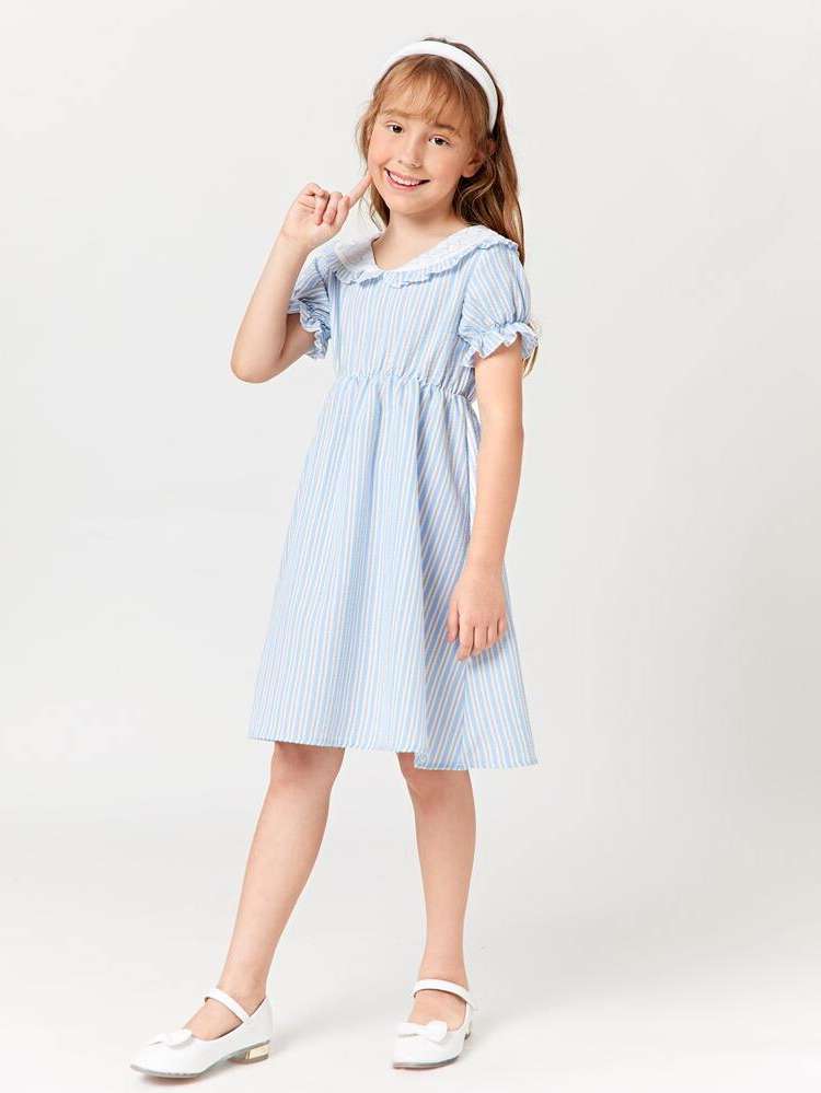 Baby Blue Striped Peter Pan Collar Knee Length Girls Clothing 676