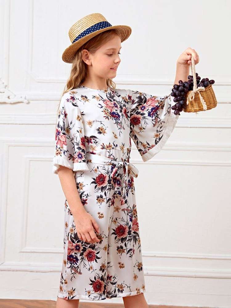 Regular Fit Round Neck Floral Girls Jumpsuits 7247