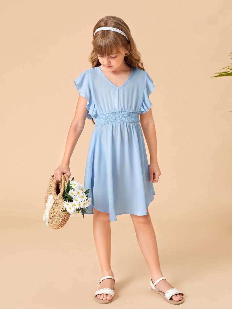  V neck Knee Length Cap Sleeve Girls Dresses 2310