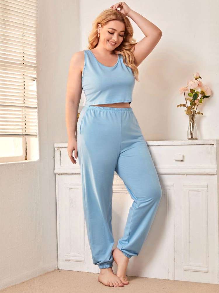  Scoop Neck Sleeveless Plus Size Pajama Sets 17